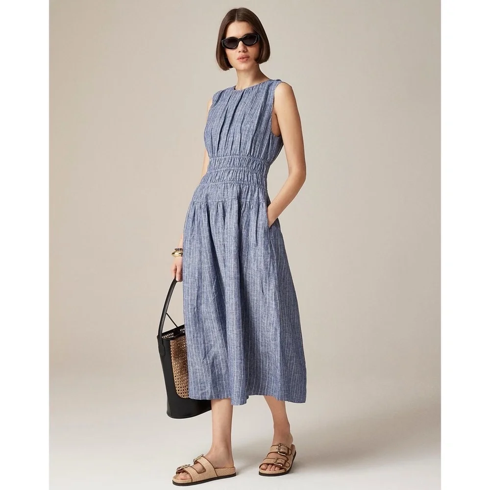 NWT!! J. CREW Hyacinth Dress Striped Linen Midi Chambray Blue Striped Smocked M